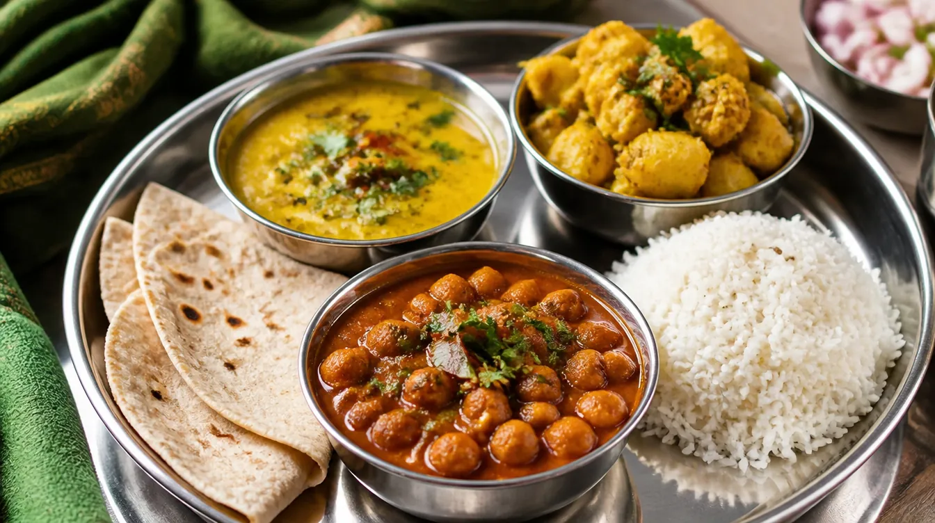Illustrative vegetarian thali with chickpea curry, dal, rice, vegetables and roti