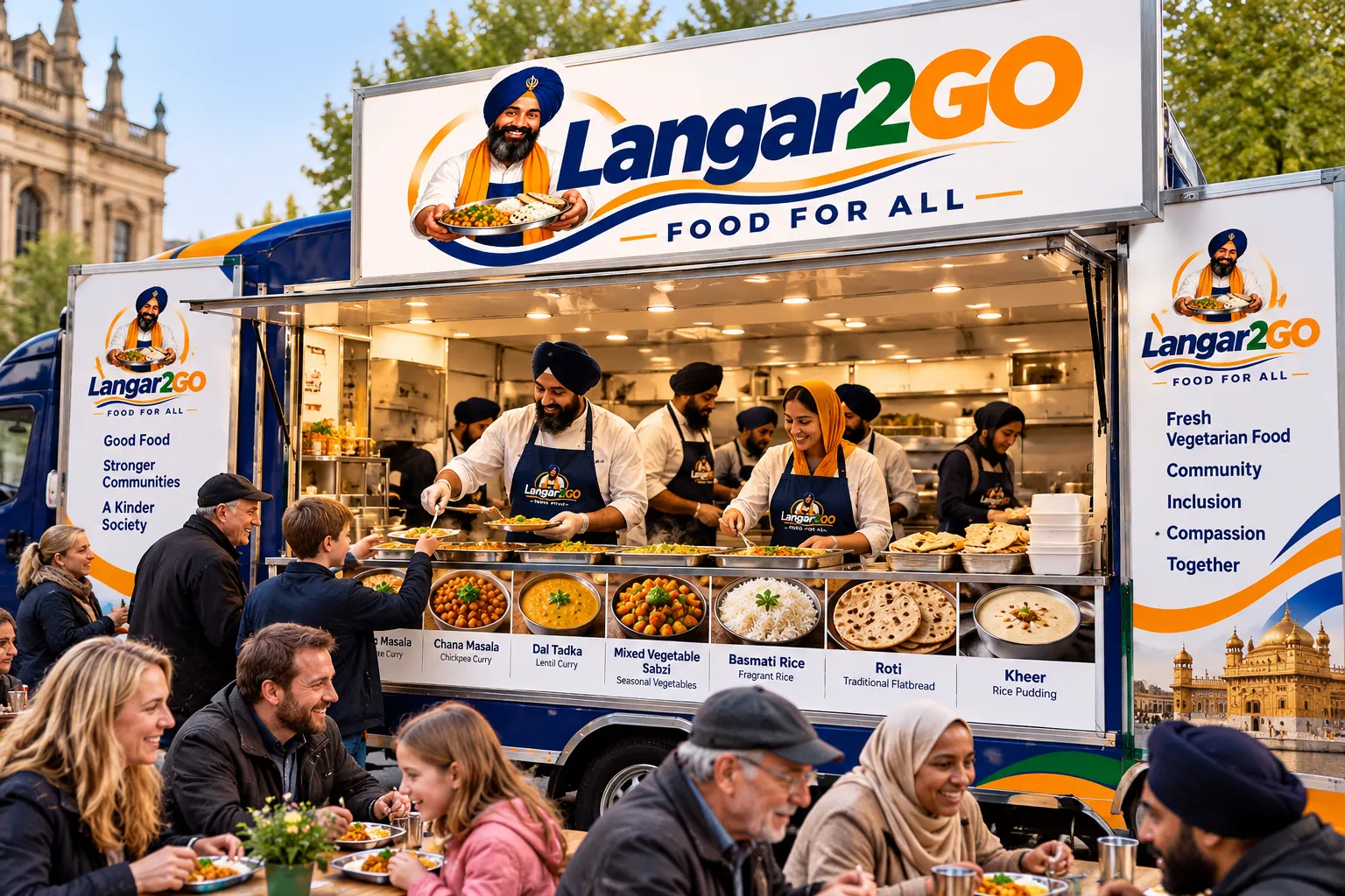Approved Langar2GO Mobile Retail Unit concept showing the master logo, volunteers serving named vegetarian dishes and diverse British people enjoying meals