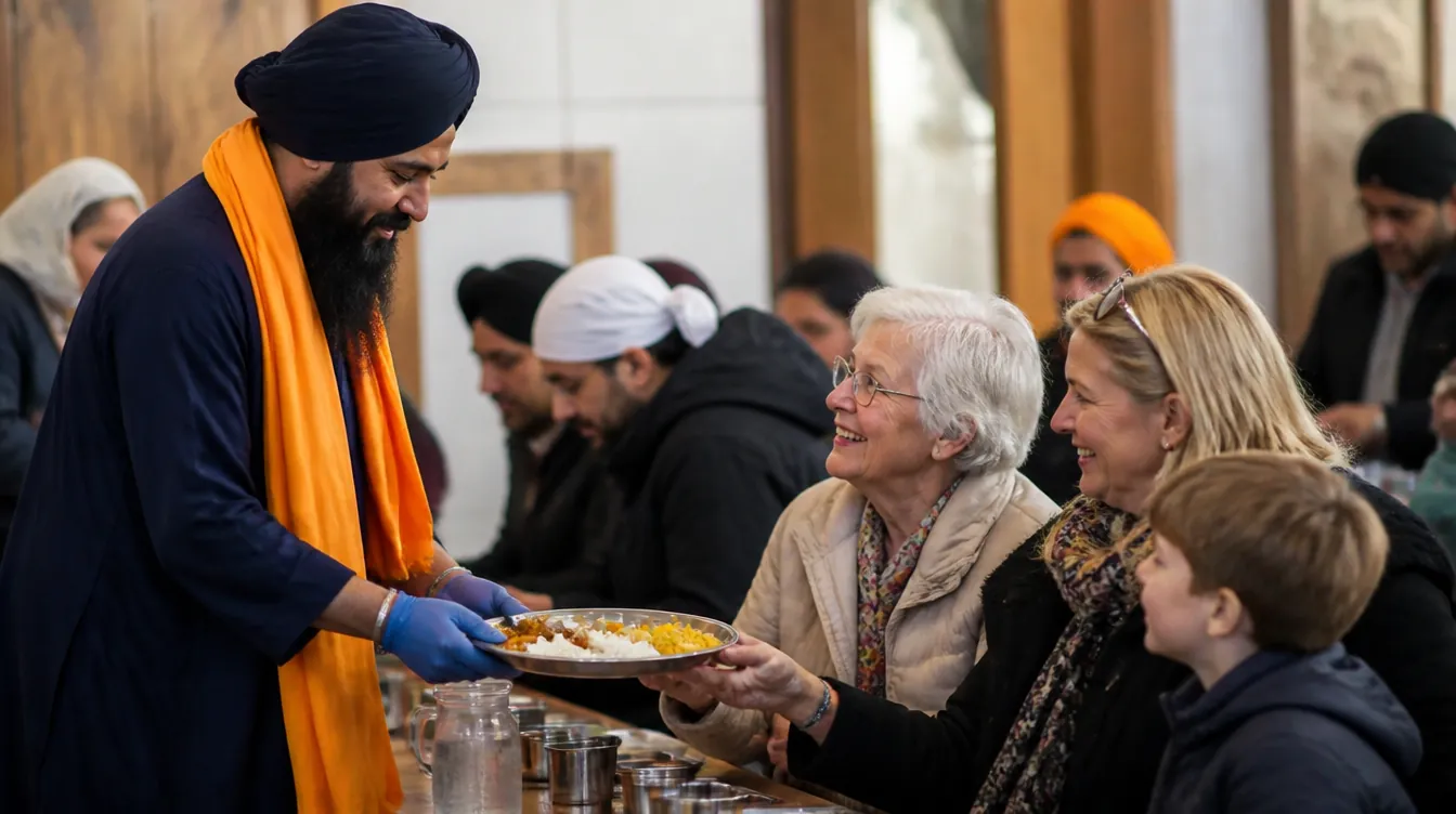 Concept image of a Sikh volunteer serving vegetarian food to a British family